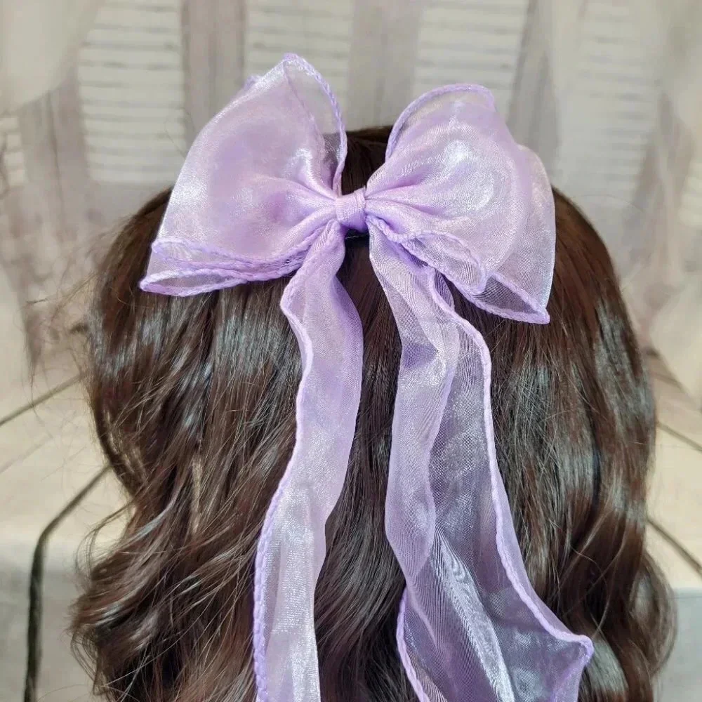 Lavender- Clip In Hair Bows with Long Braidable trails Girls Hair Accessories